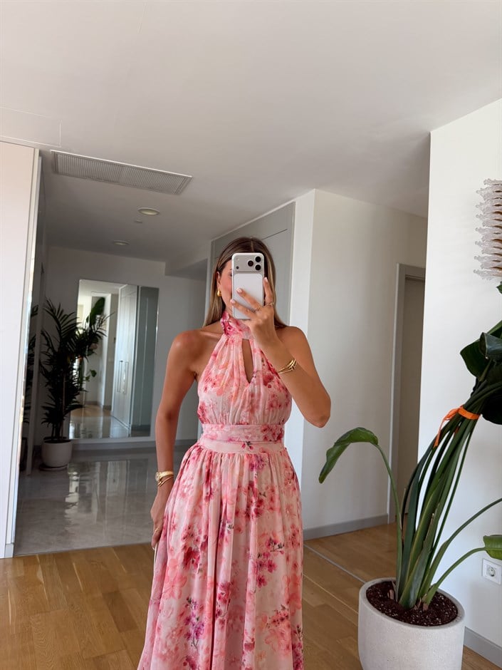 Halter Yaka Çiçek Desenli Elbise 