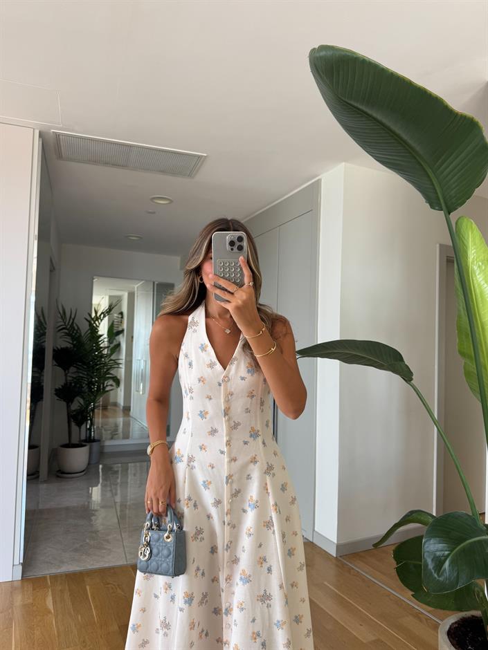 Halter Yaka düğme Detaylı Elbise