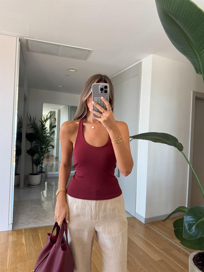 Halter Yaka Fitilli Top - Bordo