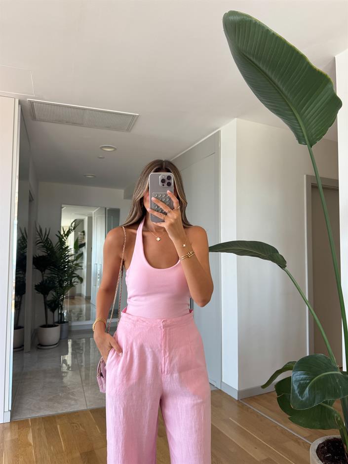 Halter Yaka Fitilli Top - Pembe