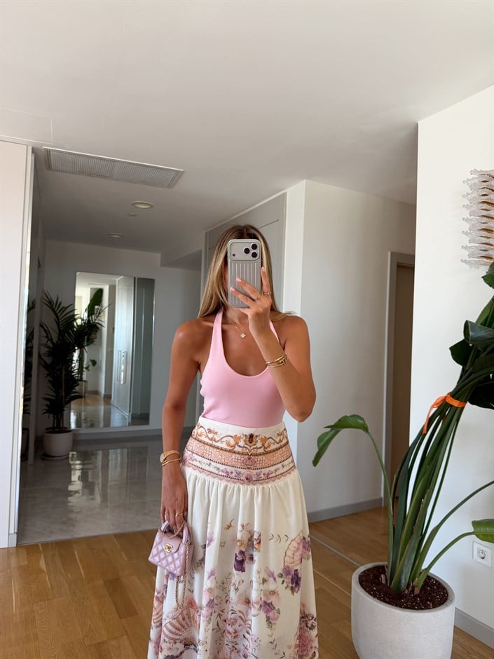 Halter Yaka Fitilli Top - Pembe