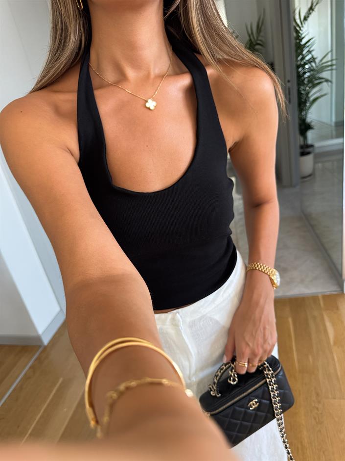 Halter Yaka Fitilli Top - Siyah