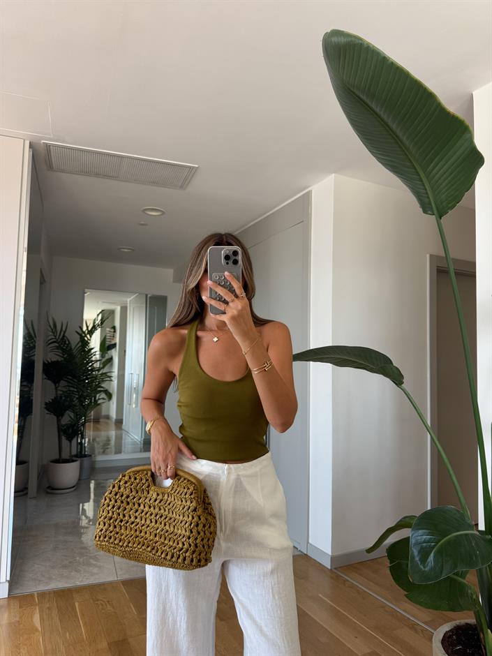 Halter Yaka Fitilli Top - Yağ Yeşili