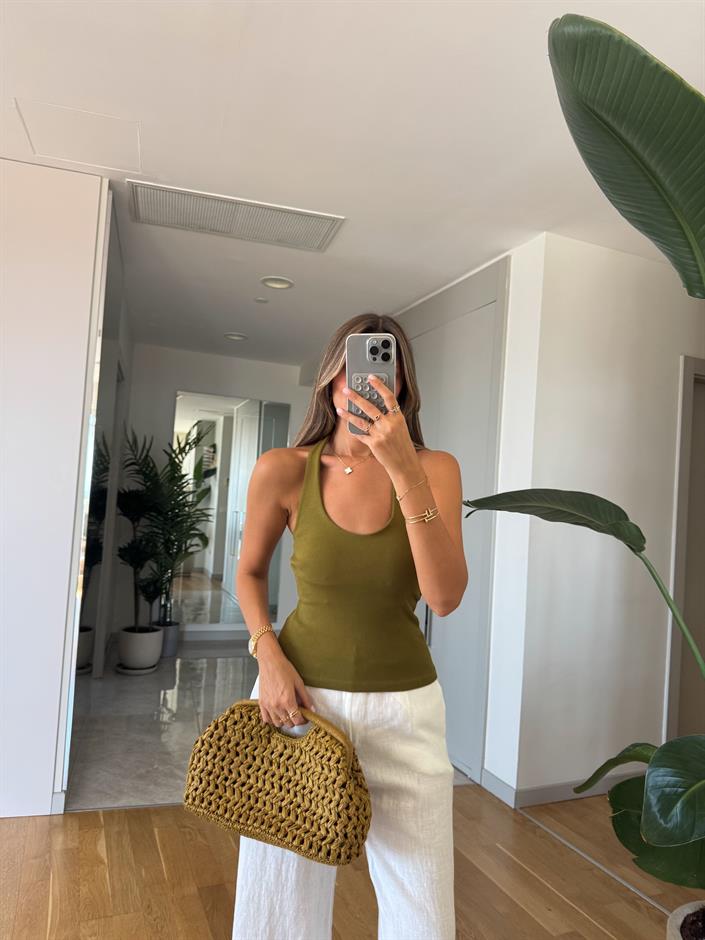 Halter Yaka Fitilli Top - Yağ Yeşili