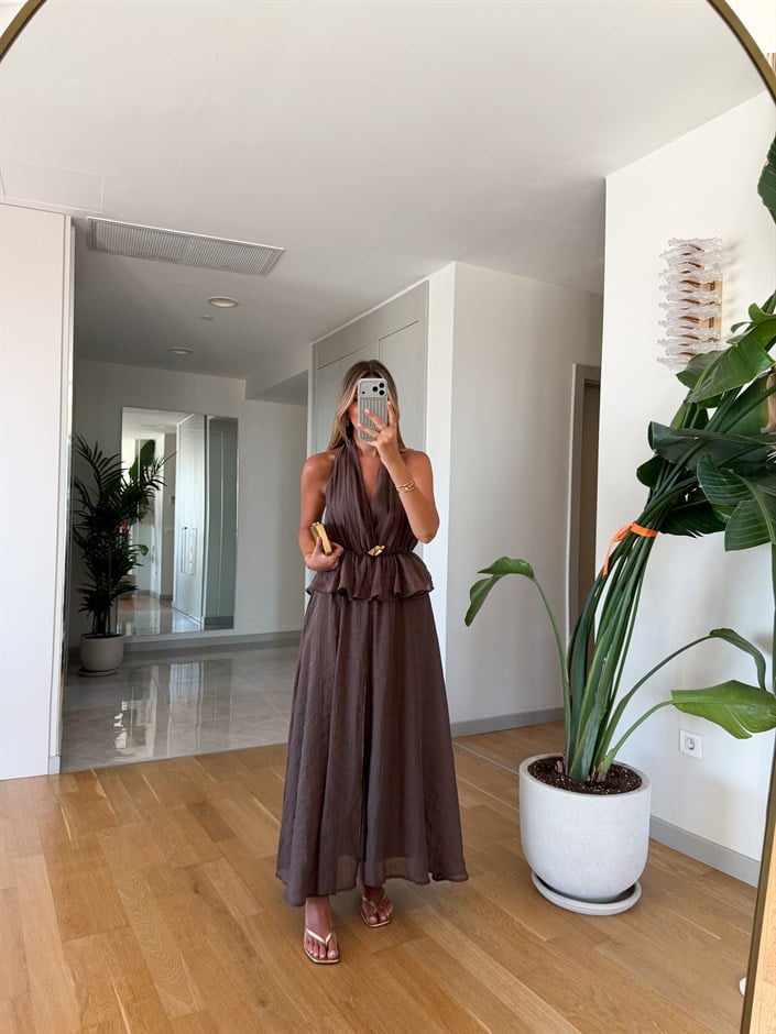 Halter Yaka Gold Broşlu Elbise - Kahve