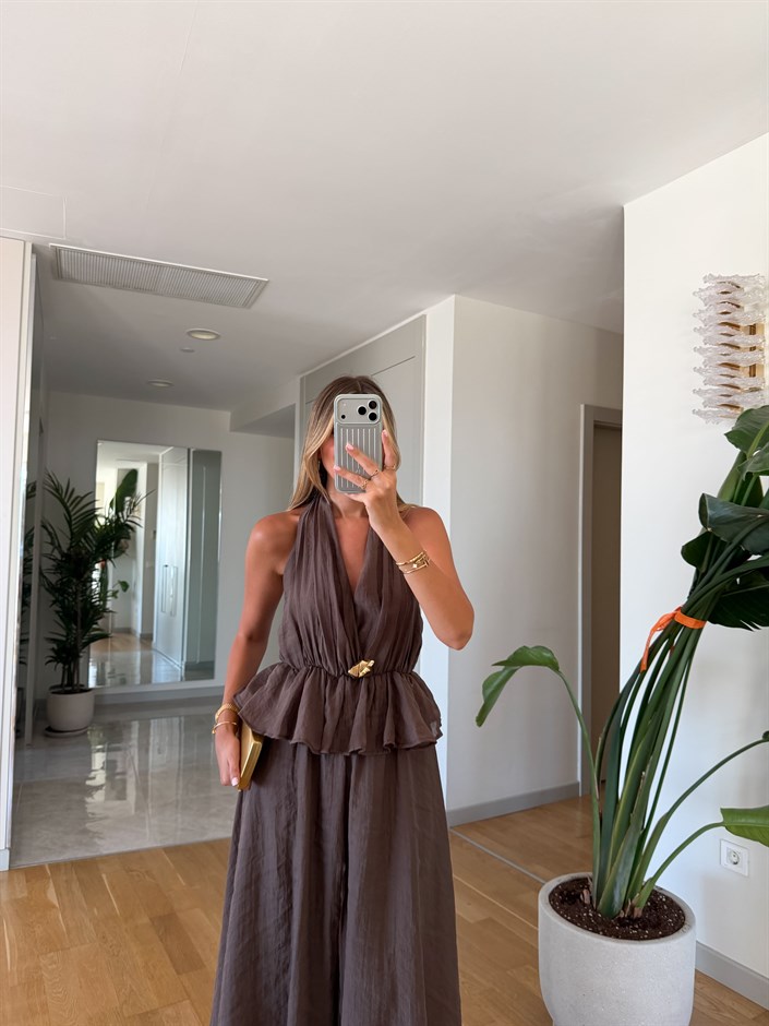 Halter Yaka Gold Broşlu Elbise - Kahve