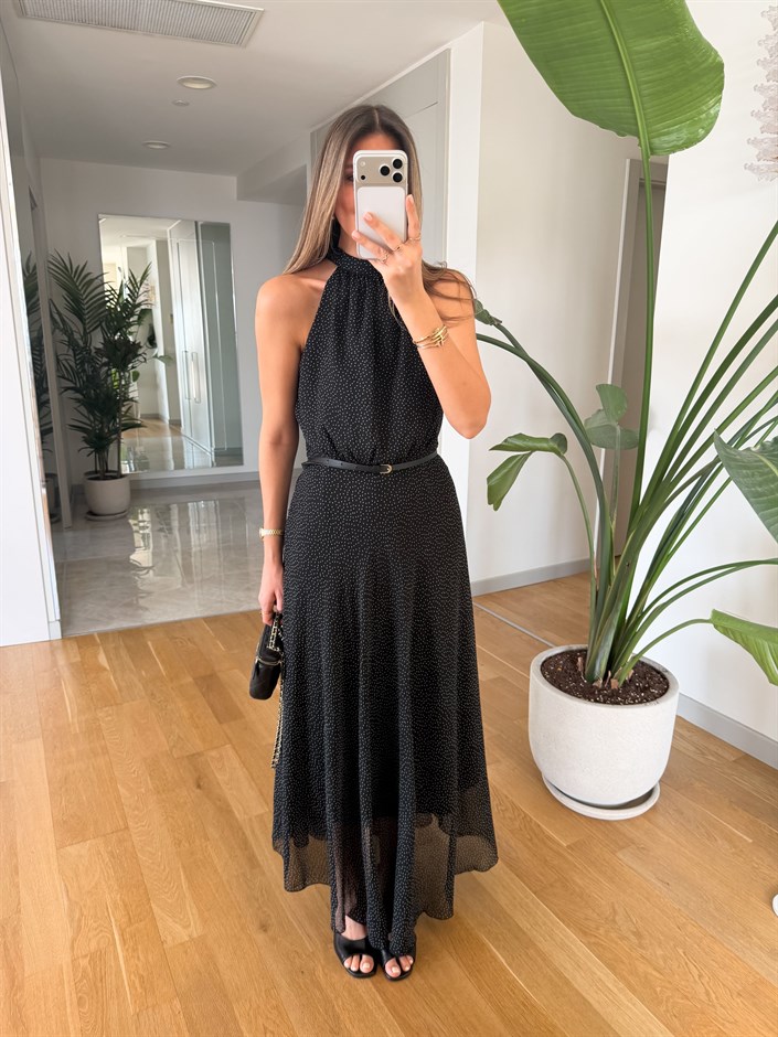 Halter Yaka İnce Kemerli Puantiyeli Elbise - Siyah