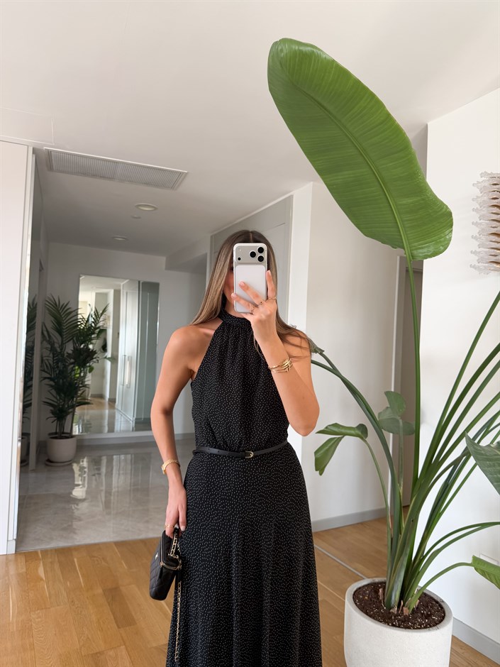 Halter Yaka İnce Kemerli Puantiyeli Elbise - Siyah