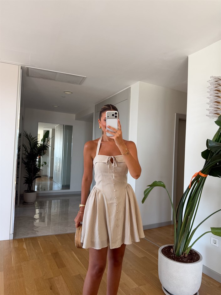 Halter Yaka Pötikareli Mini Elbise - Bej 