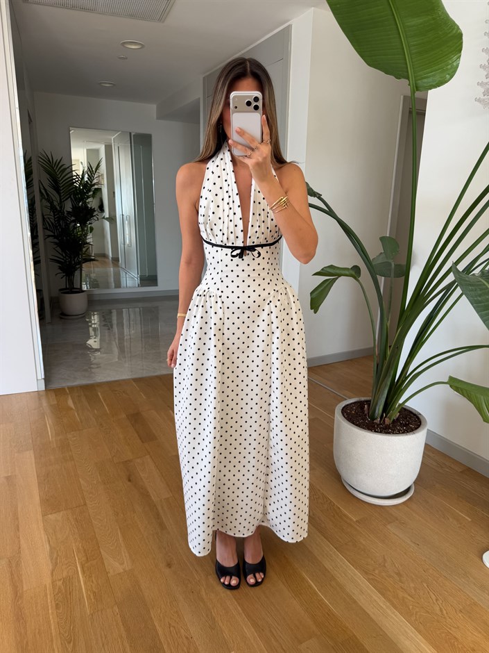 Halter Yaka Puantiyeli Elbise 