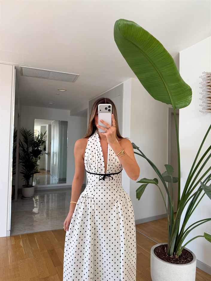 Halter Yaka Puantiyeli Elbise 