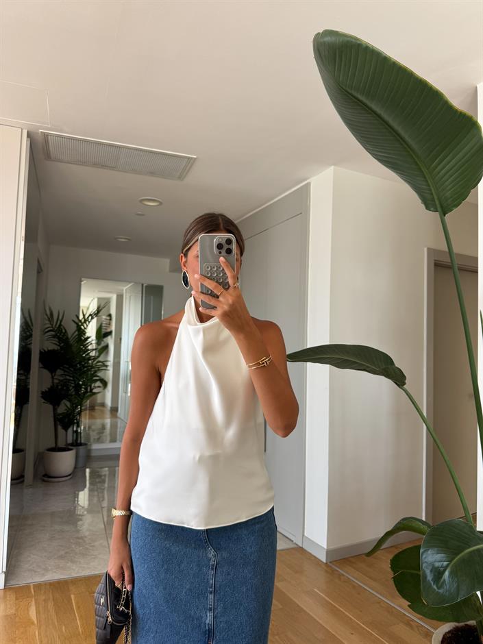 Halter Yaka Saten Bluz - Ekru