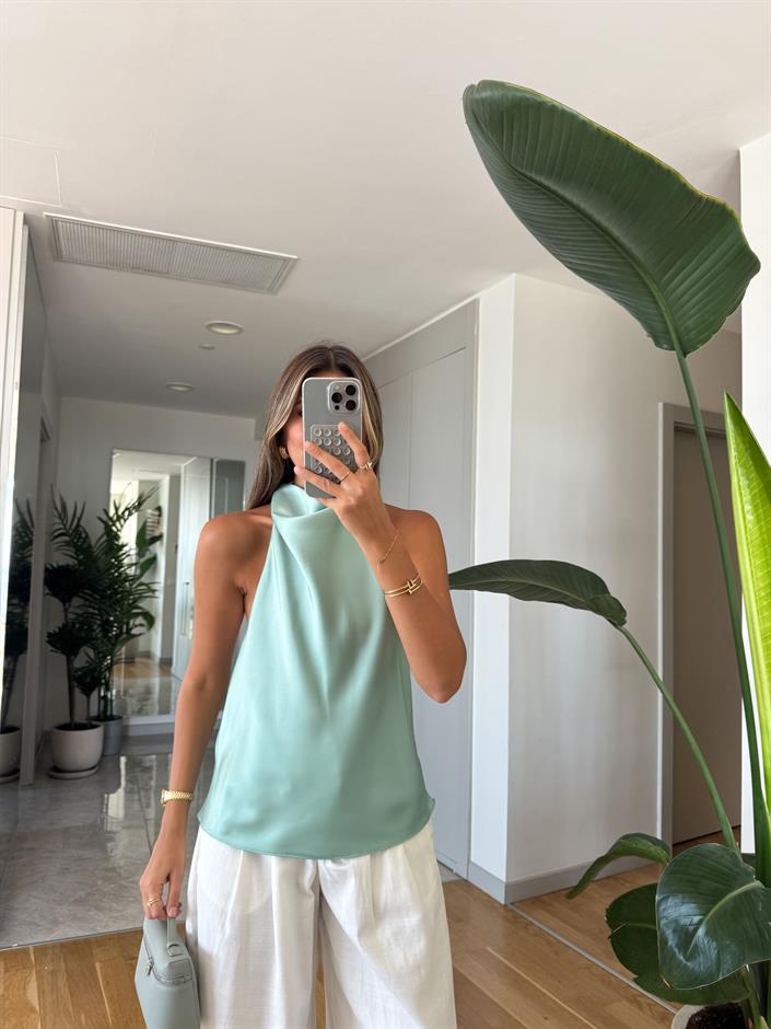 Halter Yaka Saten Bluz - Mint Yeşil