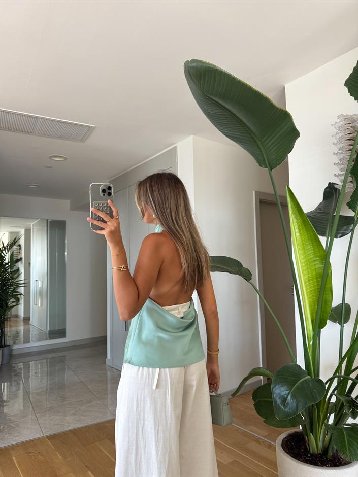 Halter Yaka Saten Bluz - Mint Yeşil