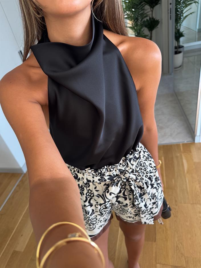 Halter Yaka Saten Bluz - Siyah