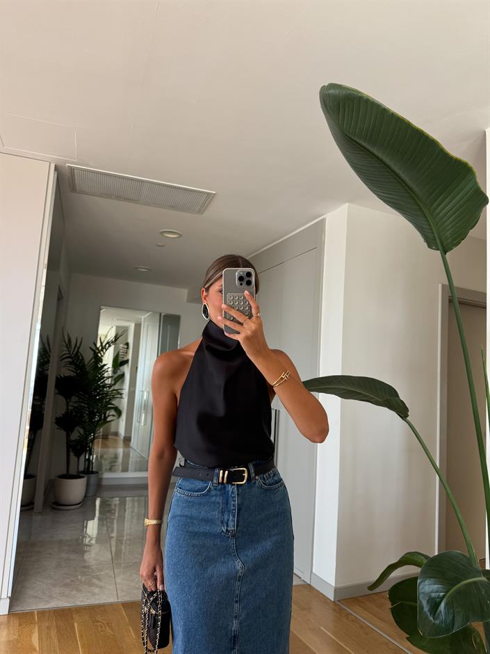 Halter Yaka Saten Bluz - Siyah