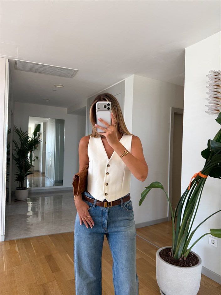 Harmon Düğmeli Yelek - Beyaz