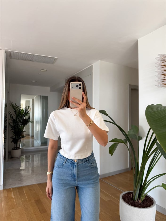 Heleni Belden Oturmalı Tişört - Ekru