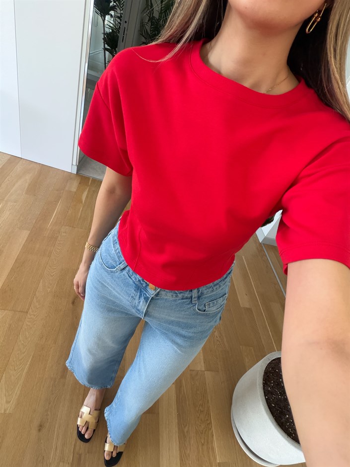 Heleni Belden Oturmalı Tişört - Kırmızı 