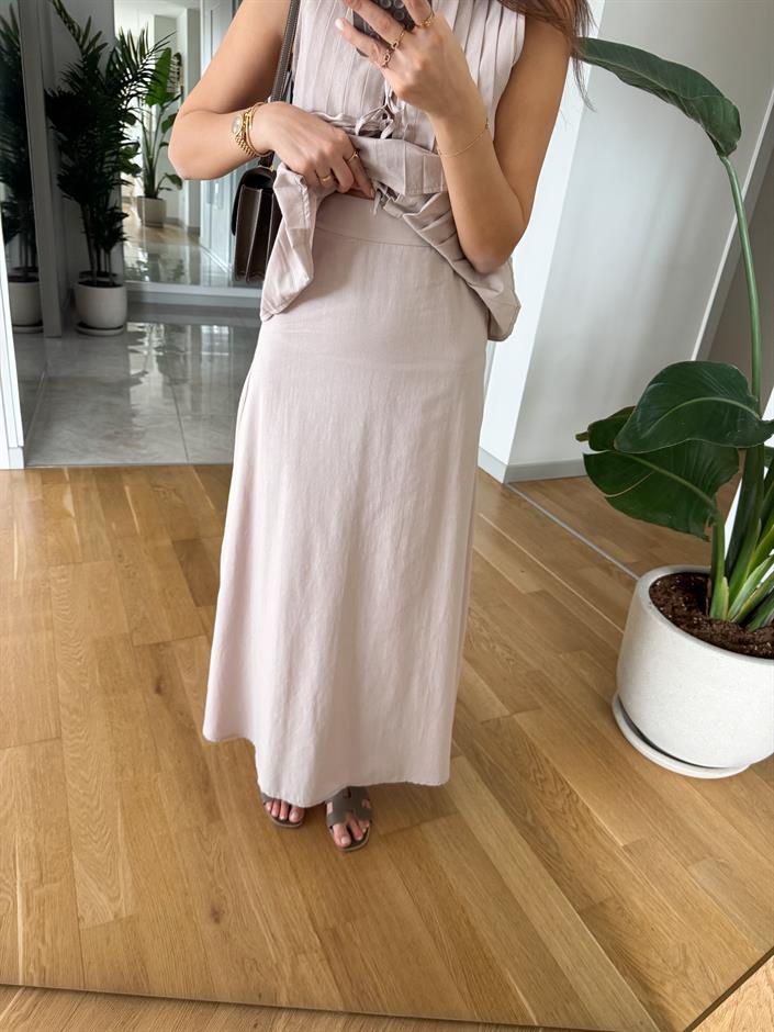Henna Pamuk Keten Bluz Etek Takım- Bej