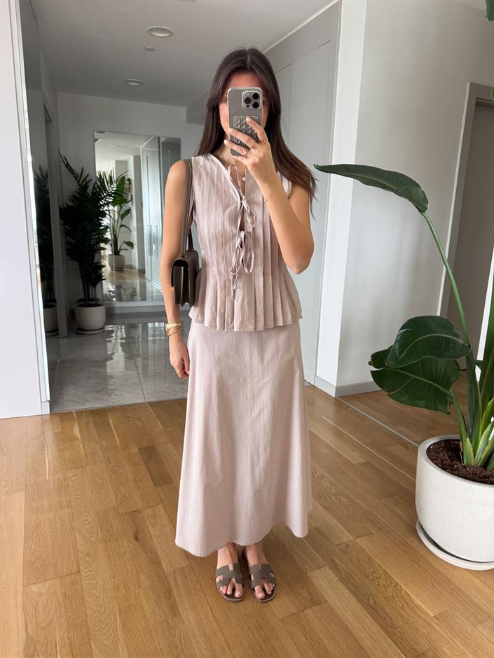 Henna Pamuk Keten Bluz Etek Takım- Bej