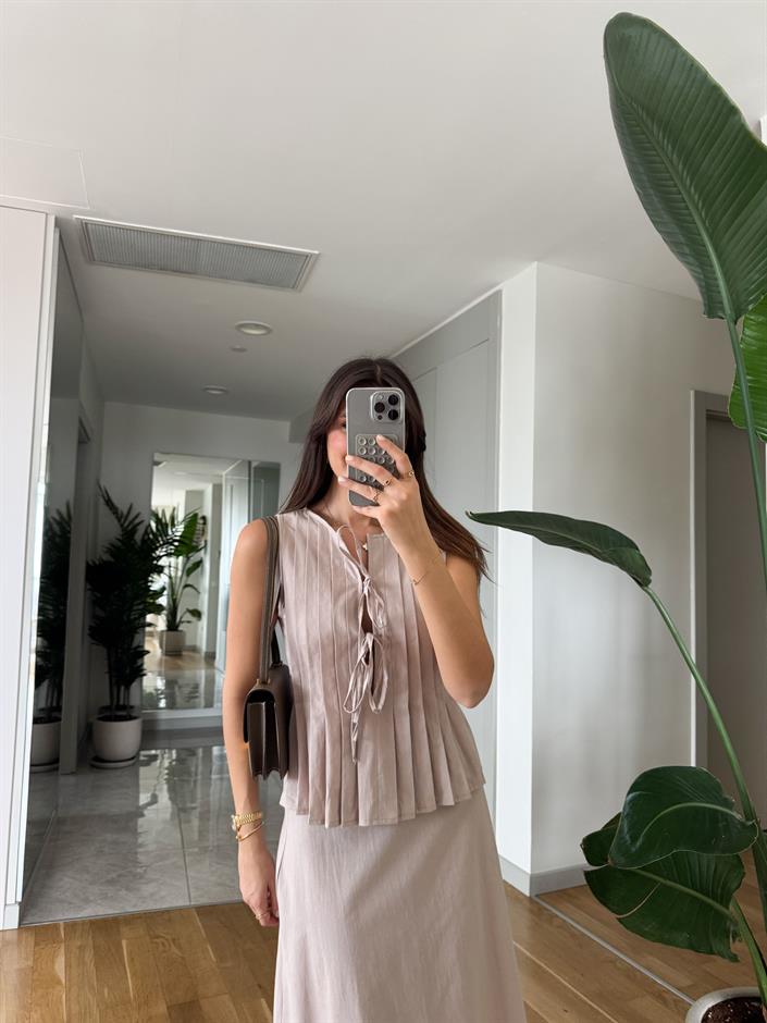 Henna Pamuk Keten Bluz Etek Takım- Bej