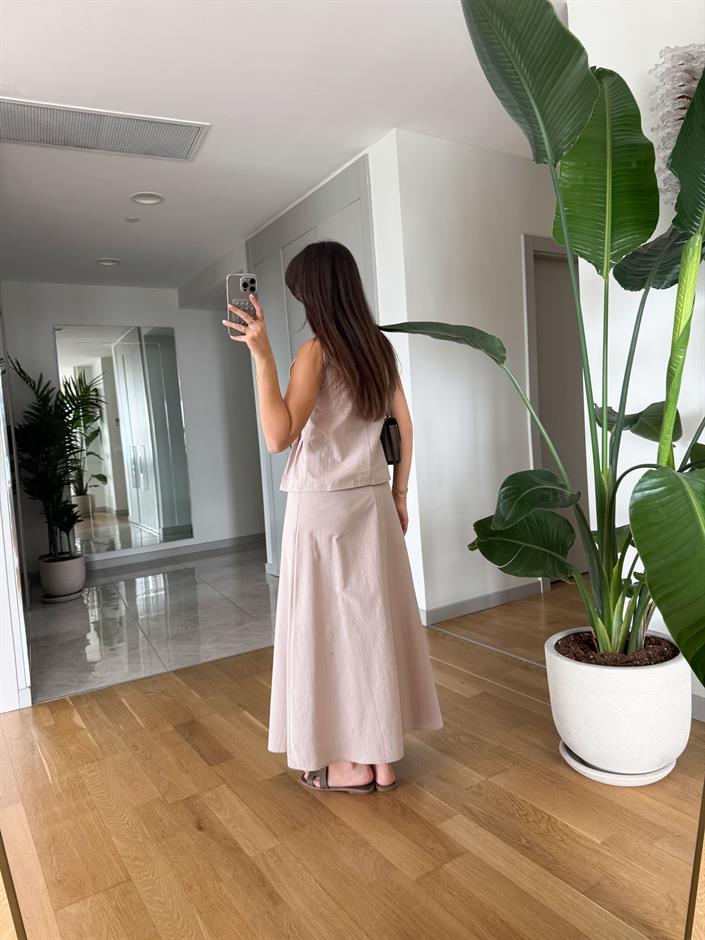 Henna Pamuk Keten Bluz Etek Takım- Bej