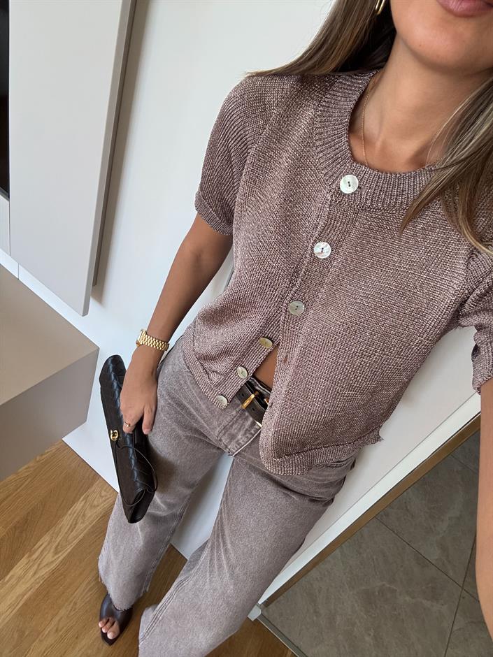 Henry kısa Kollu Düğmeli Triko -Vizon