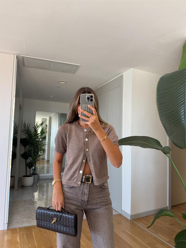 Henry kısa Kollu Düğmeli Triko -Vizon