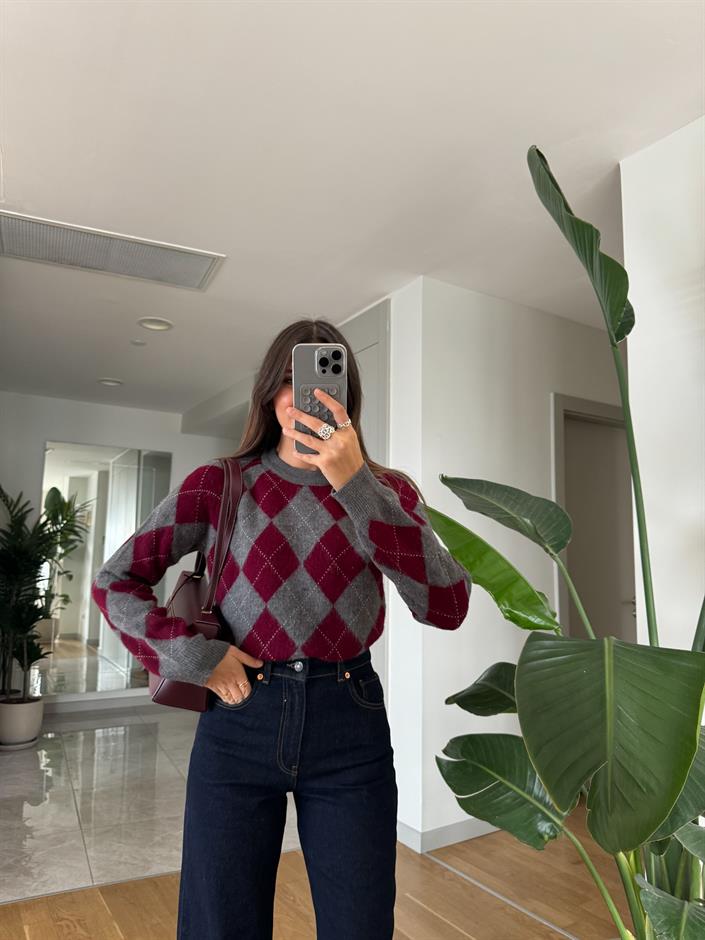 Bordo Gri Baklava Desenli Kazak