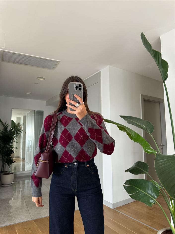 Bordo Gri Baklava Desenli Kazak