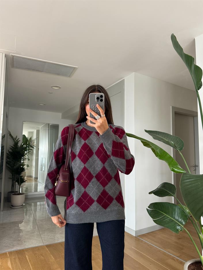 Bordo Gri Baklava Desenli Kazak