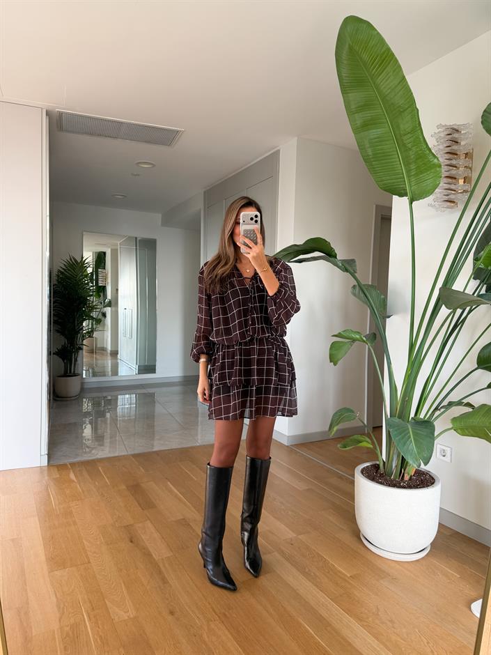 Hillary Beli  Lastikli Şifon Elbise - Kahve