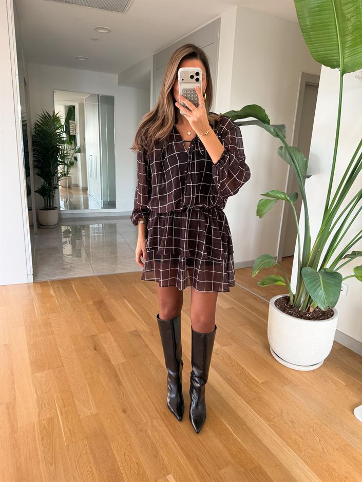 Hillary Beli  Lastikli Şifon Elbise - Kahve