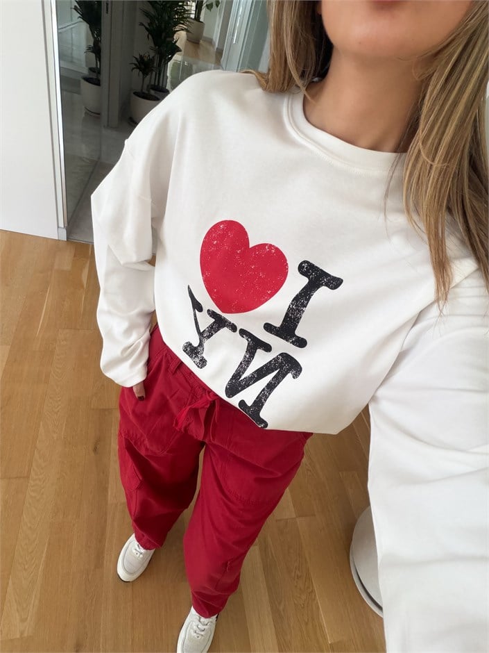 I Love Ny Baskılı Sweatshirt - Ekru