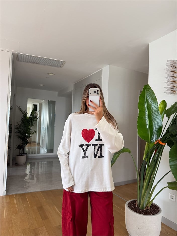 I Love Ny Baskılı Sweatshirt - Ekru