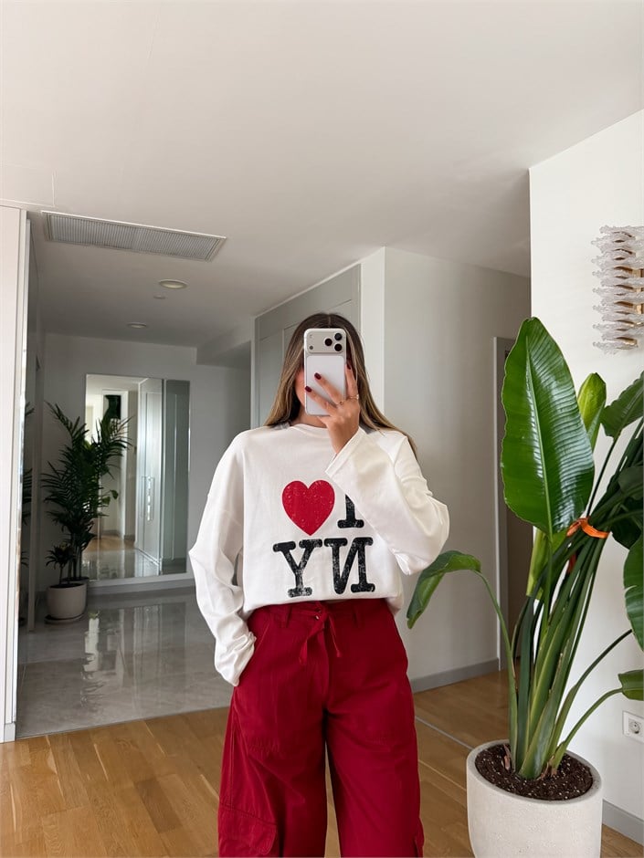 I Love Ny Baskılı Sweatshirt - Ekru