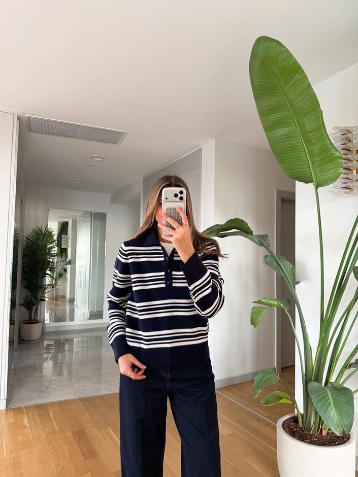 Cora Polo Yaka Çizgili Kazak - Lacivert