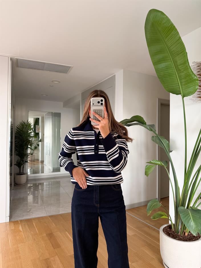 Cora Polo Yaka Çizgili Kazak - Lacivert