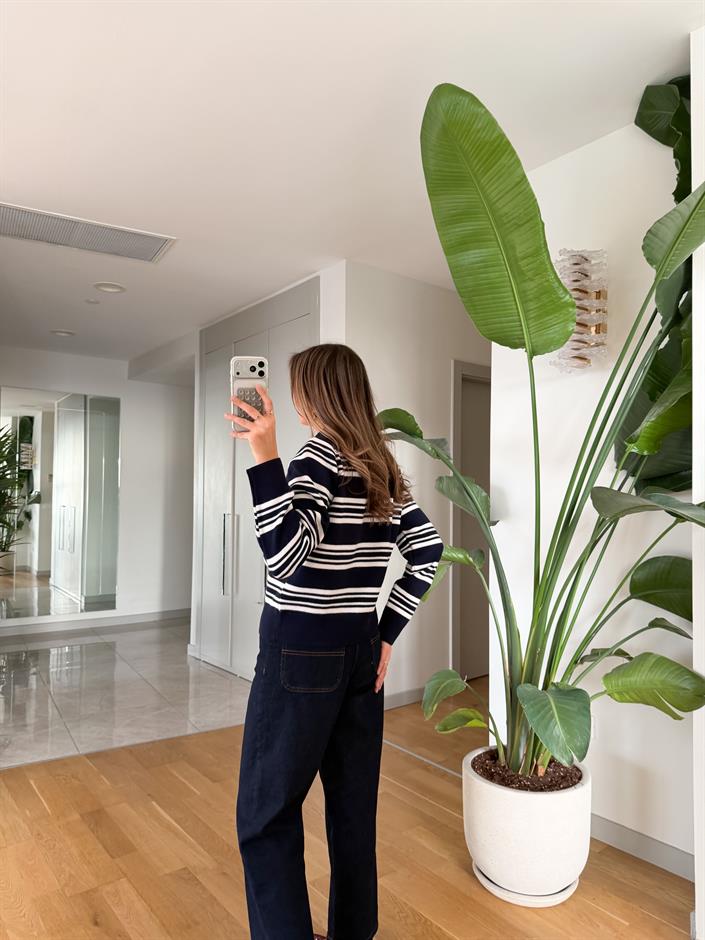 Cora Polo Yaka Çizgili Kazak - Lacivert