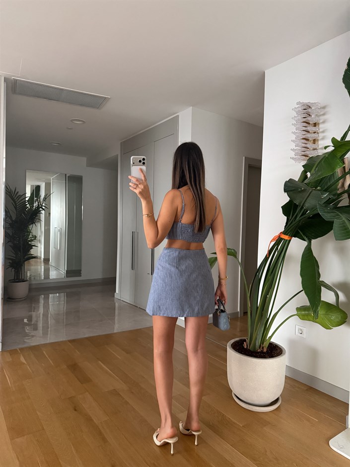 İnce Askılı Keten Bluz - İndigo 
