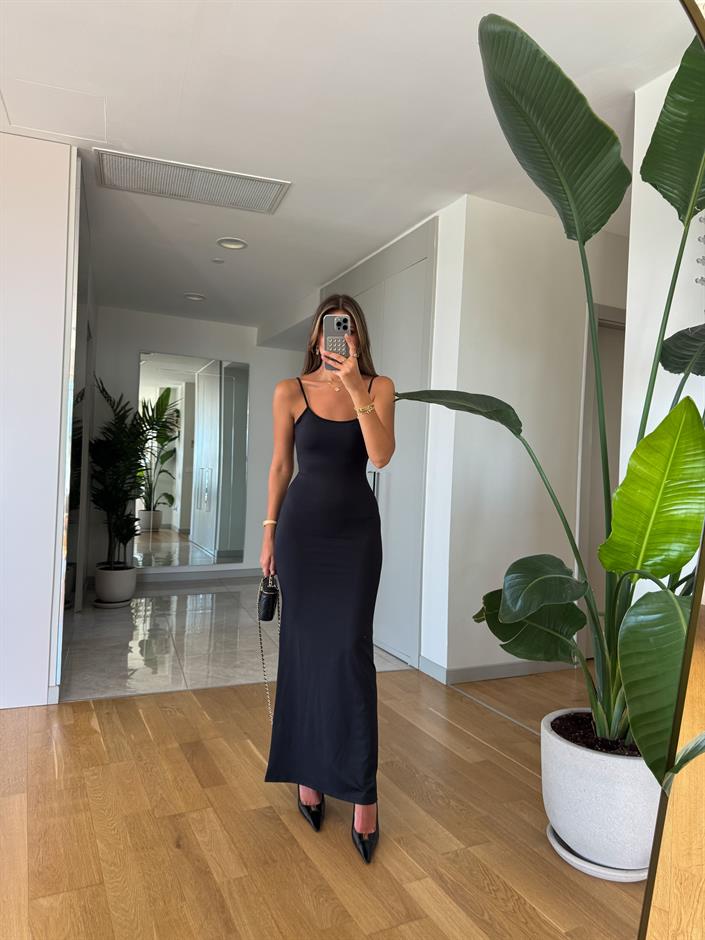 İp Askılı Maxi Jarse Elbise - Siyah