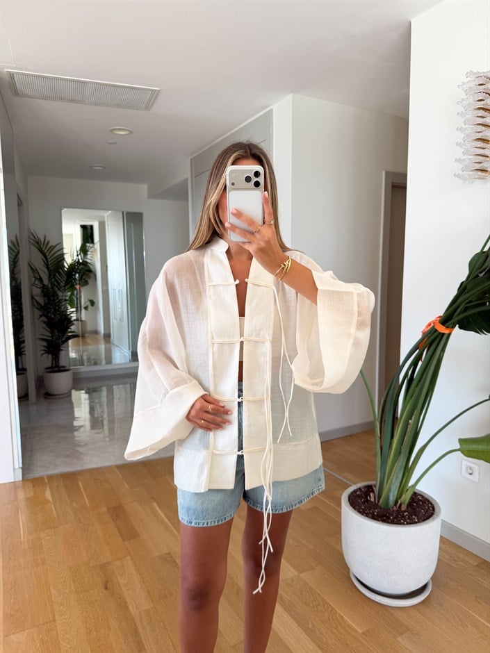 İp Bağcıklı Gömlek - Ekru