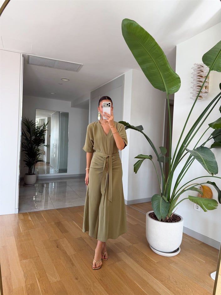 İrina Bel Detaylı Tensel Elbise - Haki 