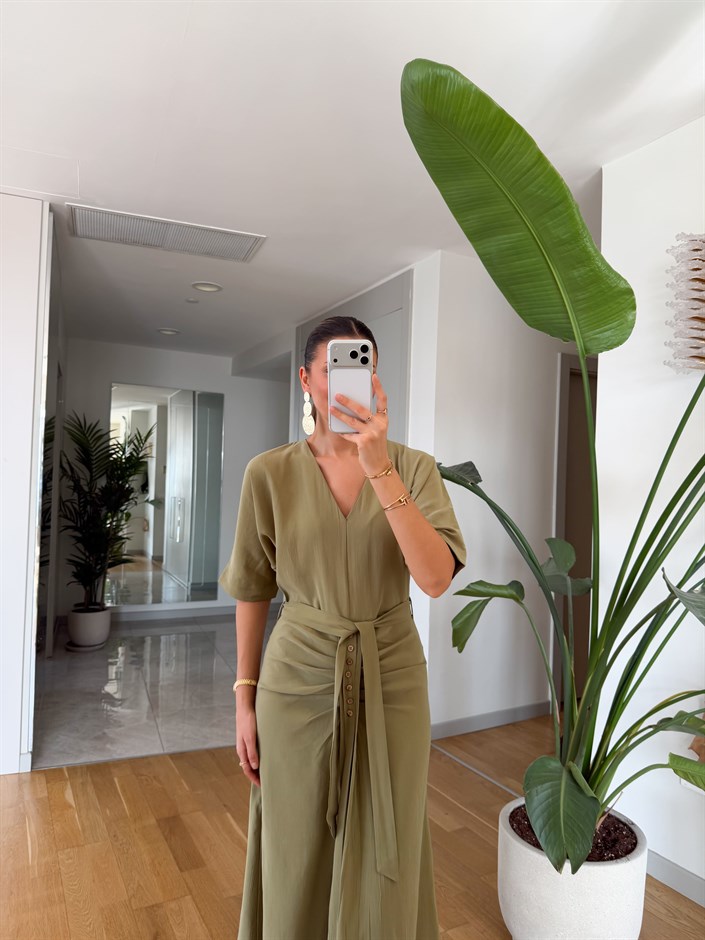 İrina Bel Detaylı Tensel Elbise - Haki 