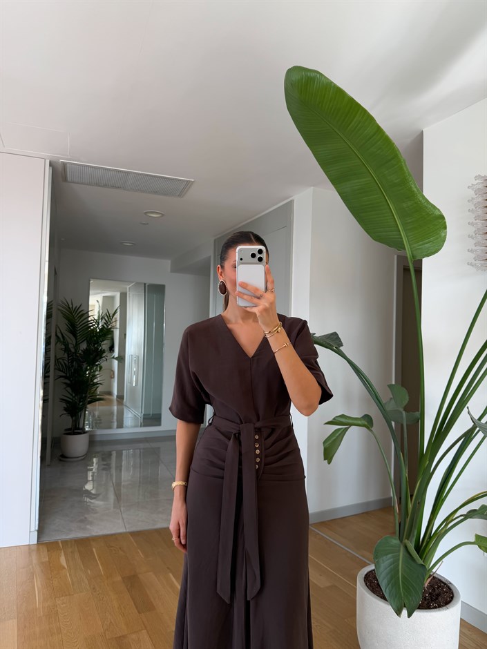 İrina Bel Detaylı Tensel Elbise - Kahve