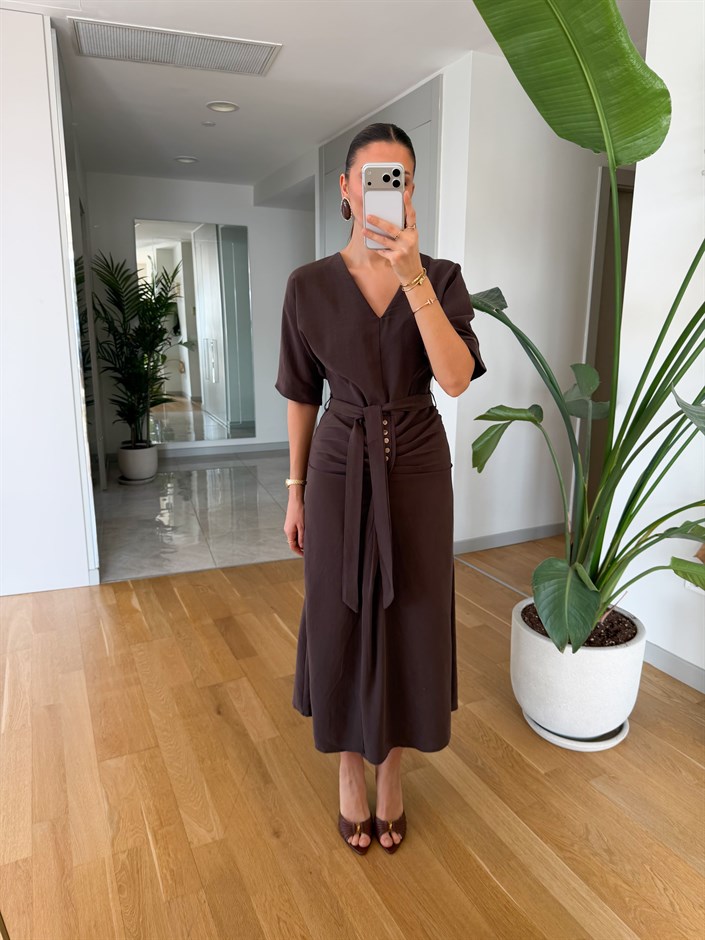 İrina Bel Detaylı Tensel Elbise - Kahve