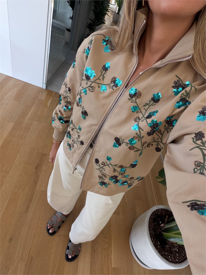 Iris Nakışlı Bomber Ceket - Bej