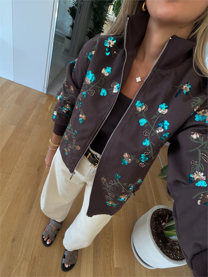 Iris Nakışlı Bomber Ceket - Kahve