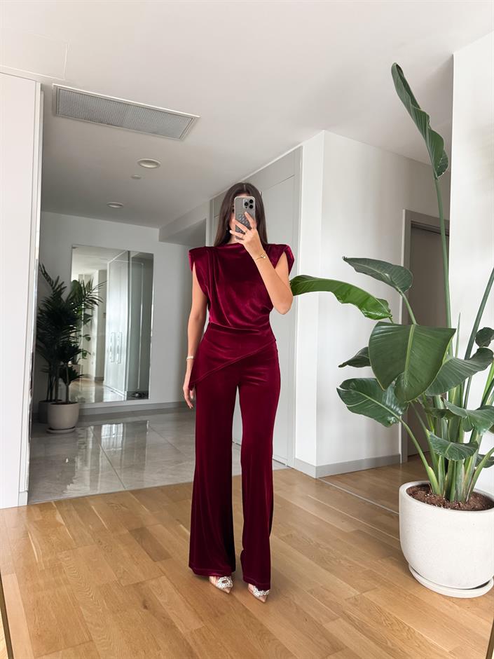 İspanyol Kesim Kadife Pantolon-Bordo